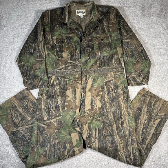 Vintage Deer River Coveralls Men's XL Camo TREBARK Hunting Outdoors‎ USA 90s